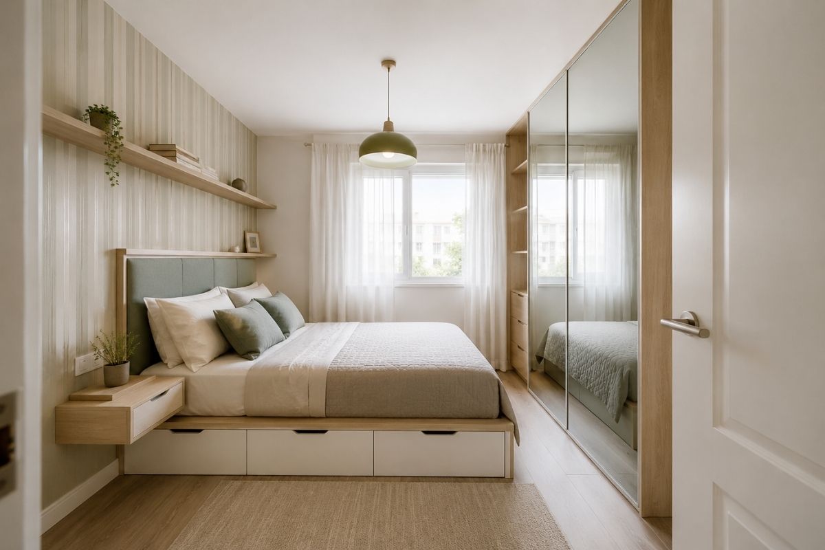 Small bedroom with pale warm walls, low-profile bed, wall-mounted bedside lights, built-in wardrobe with pale doors, and a large mirror creating an illusion of depth
