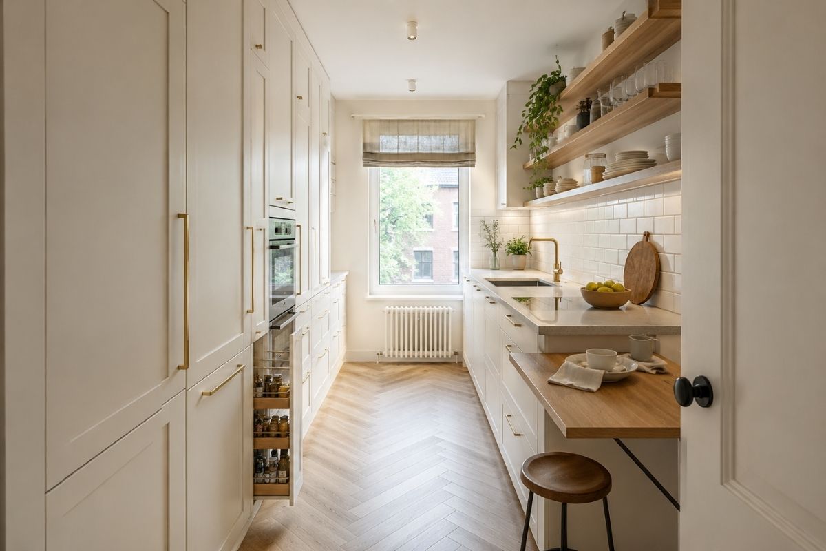 Small galley kitchen with white cabinets, open shelving, and maximised vertical storage