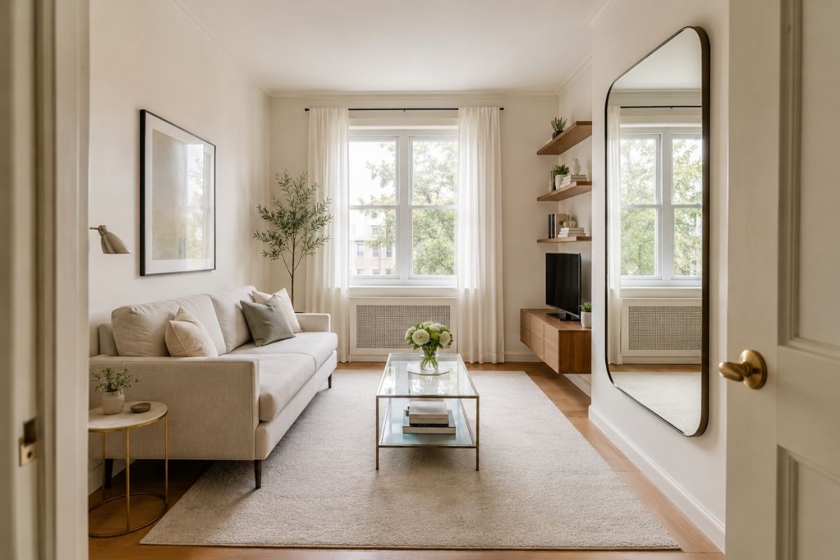 Compact living room with L-shape sofa, light walls, and floating furniture arrangement