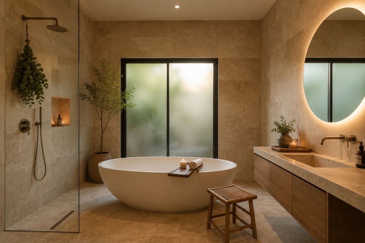 Spa bathroom with natural stone tiles, deep soaking bath, warm lighting, and live plants