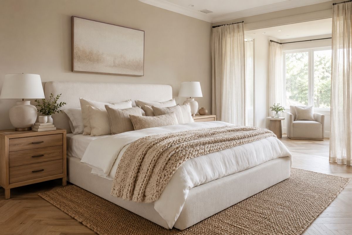 Neutral bedroom with warm greige walls, linen bedding, warm wood nightstands, and soft ambient lighting