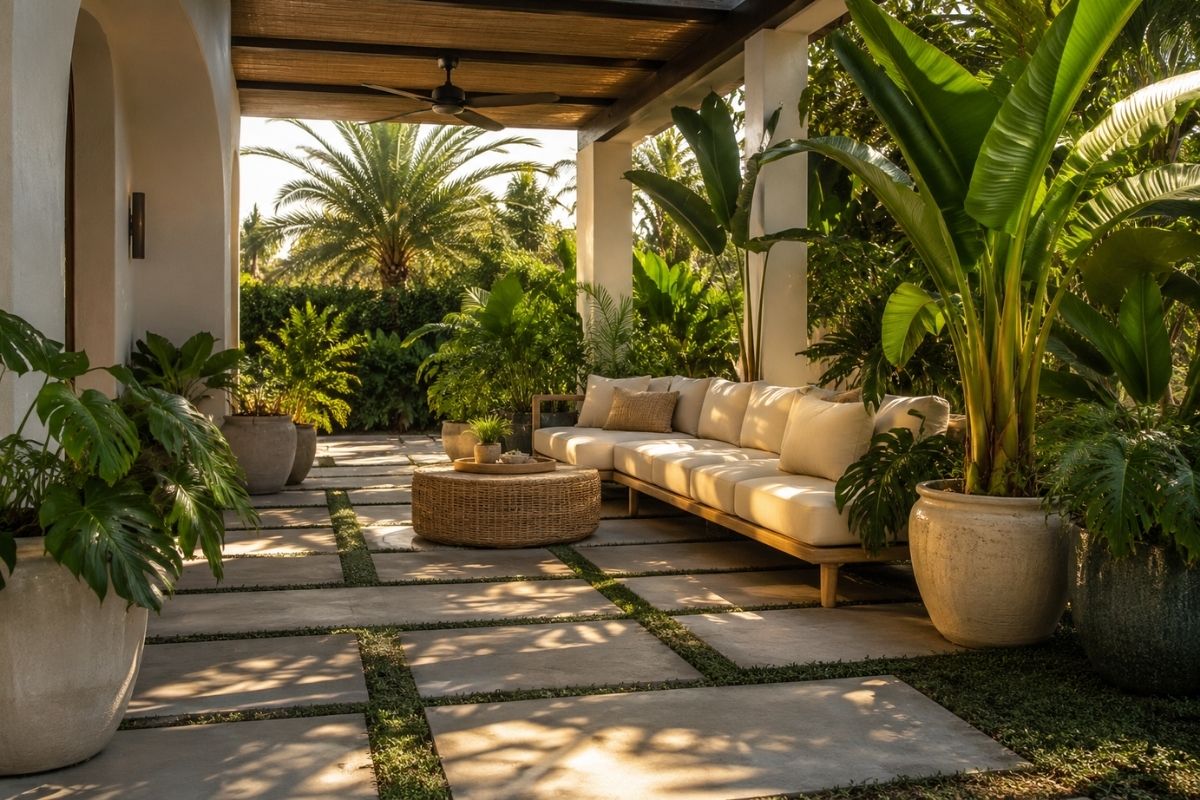 Tropical outdoor patio with large-leaf tropical plants, rattan furniture, string lights overhead, natural stone tiles, and a water feature